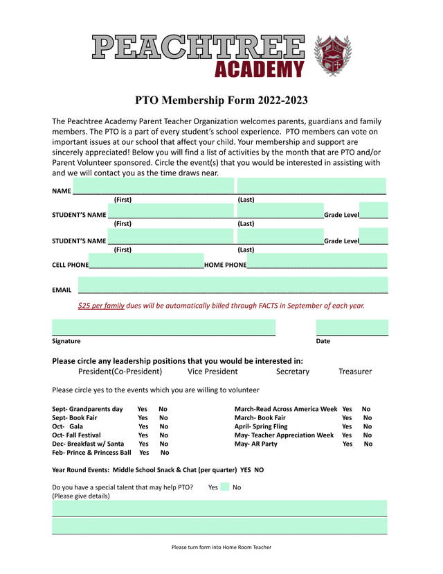 PTO Membership Form 2022 2023 screenshot