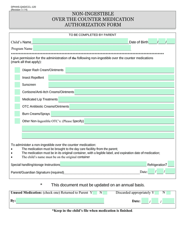 DPHHS QADCCL 120 Non Ingestible Over The Counter Medication Authorization Form screenshot