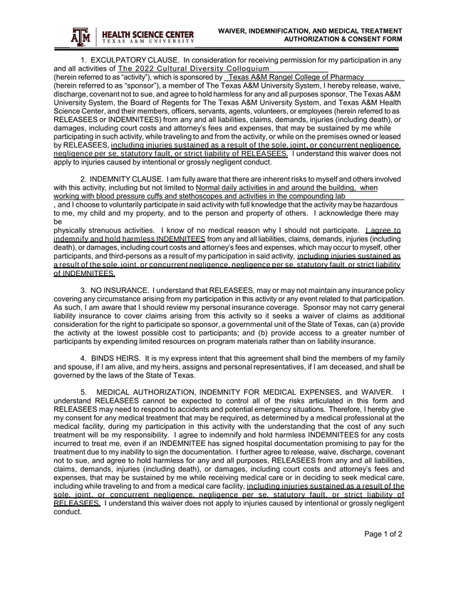 WAIVER, INDEMNIFICATION, AND MEDICAL TREATMENT AUTHORIZATION  CONSENT FORM screenshot