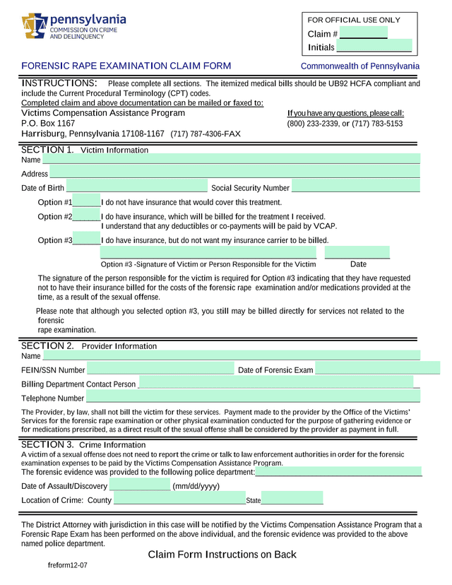 Forensic Rape Examination Claim Form screenshot