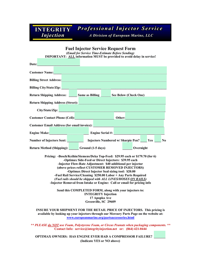 Fuel Injector Service Request Form screenshot