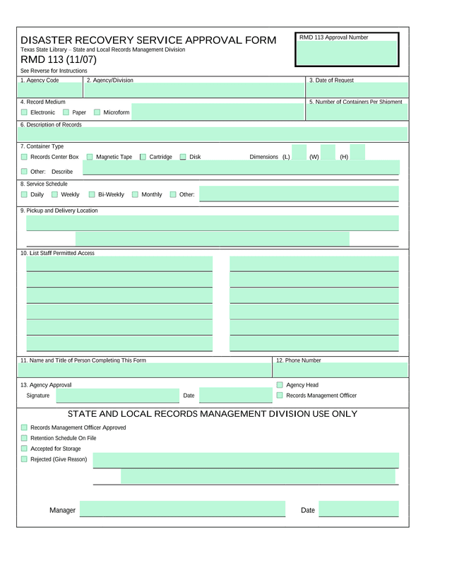 Disaster Recovery Service Approval Form screenshot