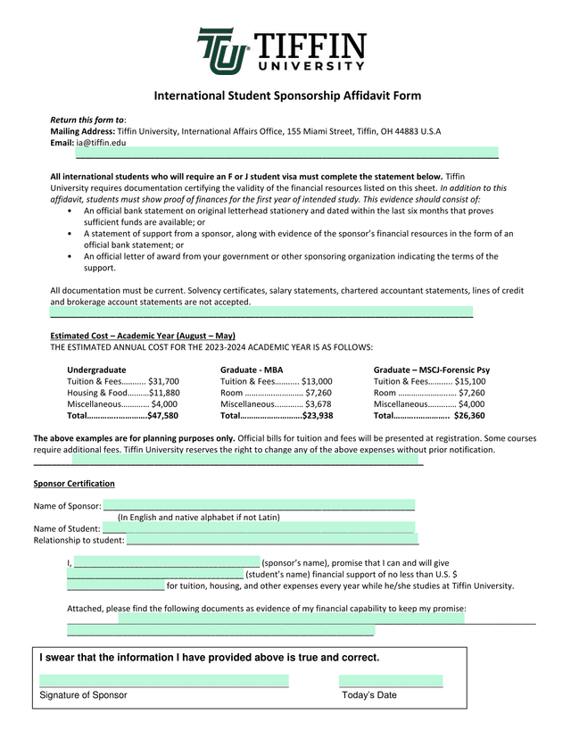 International Student Sponsorship Affidavit Form screenshot