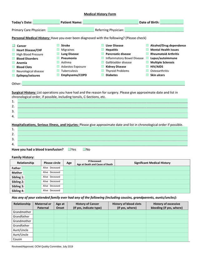 Medical History Form screenshot