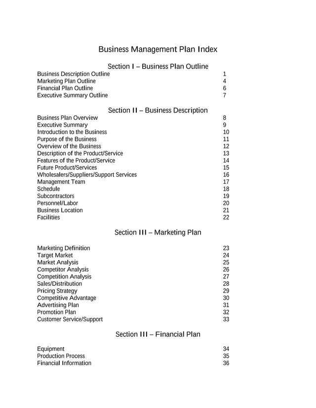 Business Management Plan Index screenshot