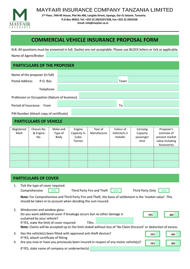 Commercial Vehicle Insurance Proposal Form screenshot