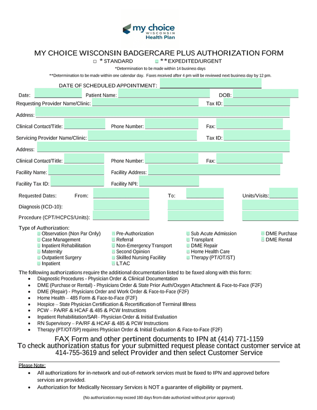 My Choice Wisconsin BadgerCare Plus Authorization Form screenshot