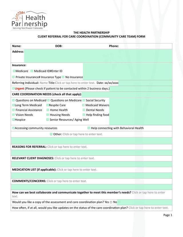 Client Referral For Care Coordination (Community Care Team) Form screenshot