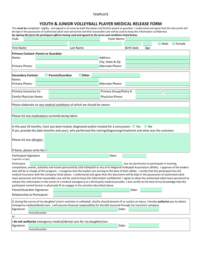 YOUTH  JUNIOR VOLLEYBALL PLAYER MEDICAL RELEASE FORM screenshot