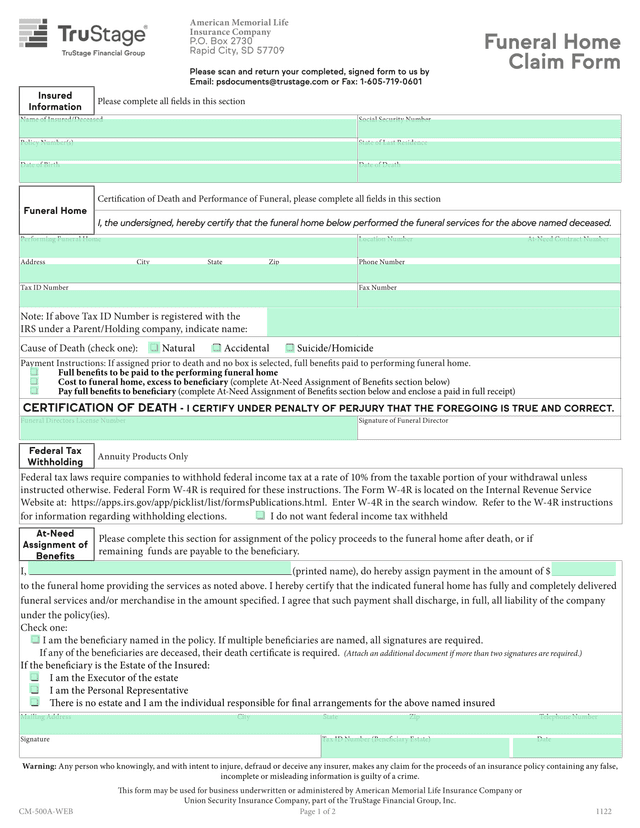 Funeral Home Claim Form screenshot