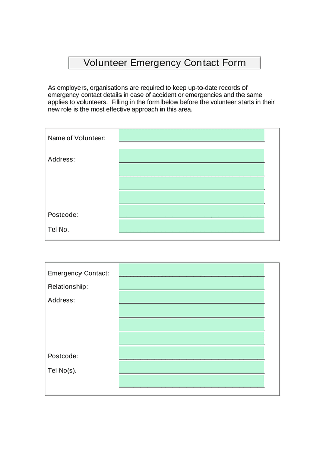 Volunteer Emergency Contact Form screenshot