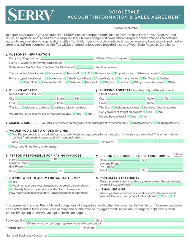 WHOLESALE ACCOUNT INFORMATION  SALES AGREEMENT screenshot