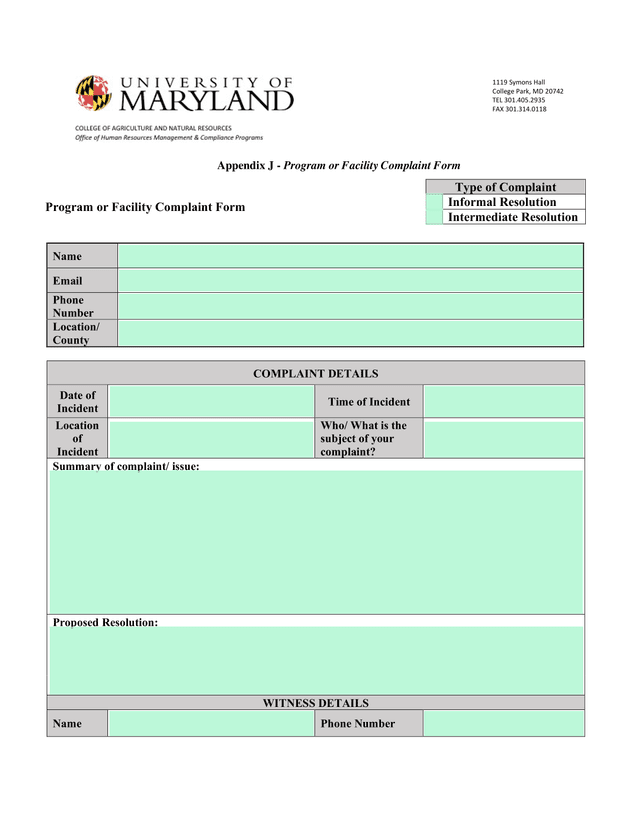 Program Or Facility Complaint Form screenshot