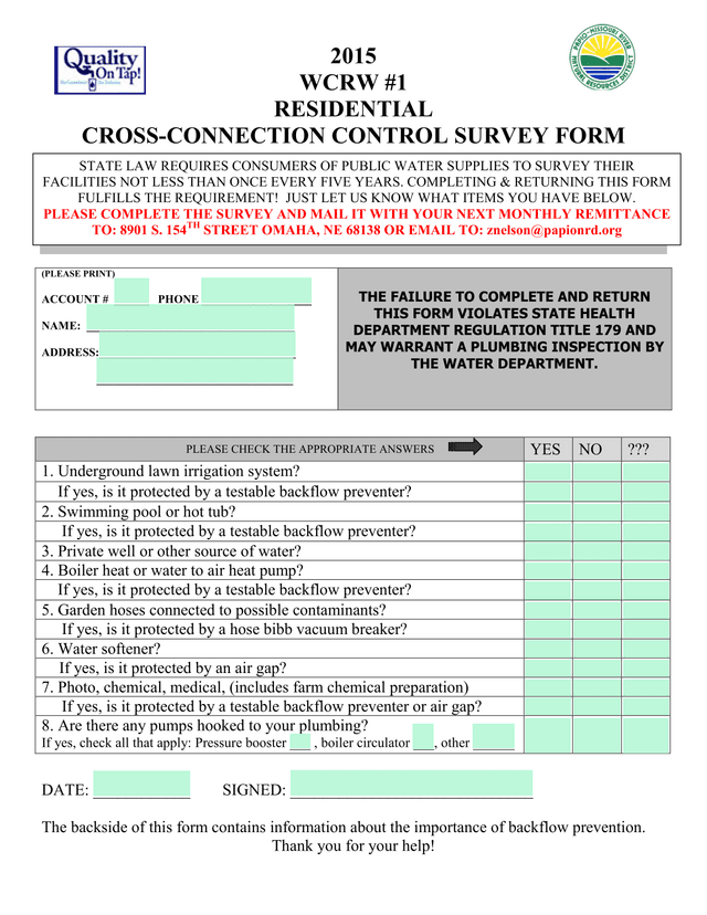 2015 WCRW 1 Residential Cross Connection Control Survey Form screenshot