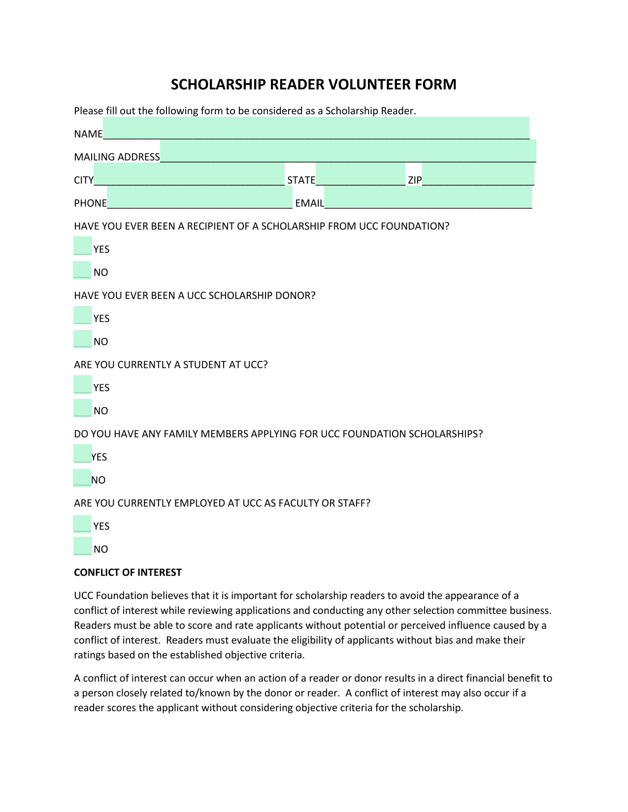 Scholarship Reader Volunteer Form screenshot