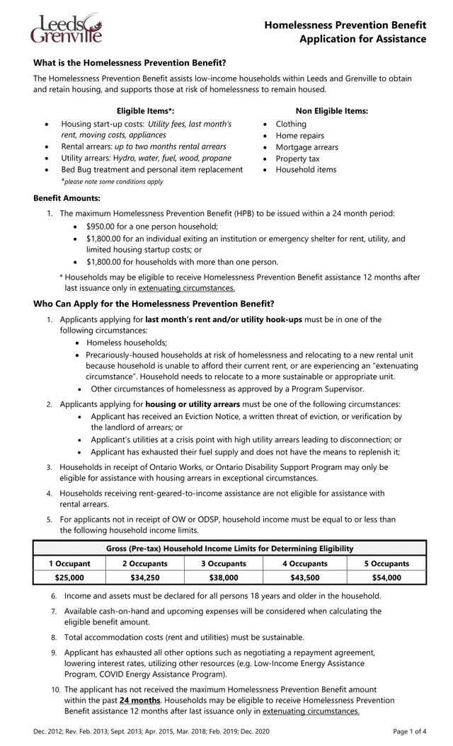 Homelessness Prevention Benefit Application For Assistance screenshot