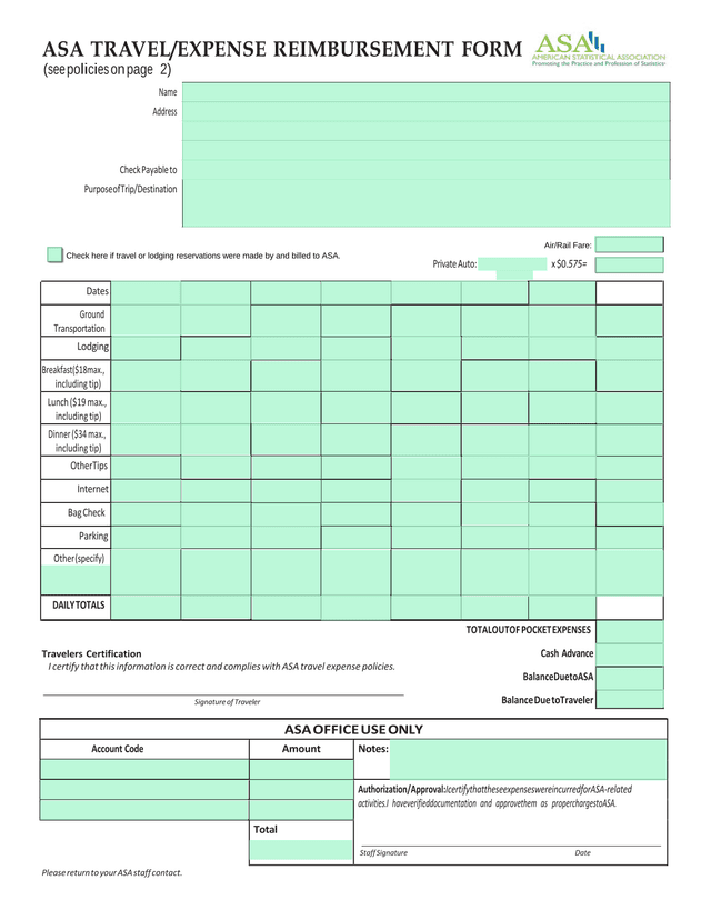 ASA TRAVELEXPENSE REIMBURSEMENT FORM screenshot