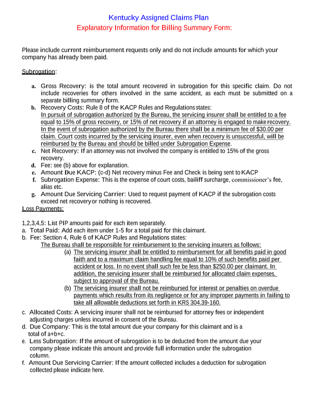 Kentucky Assigned Claims Plan Billing Summary Form screenshot