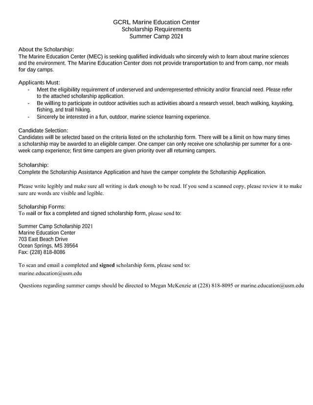 GCRL Marine Education Center Scholarship Requirements Summer Camp 2021 screenshot