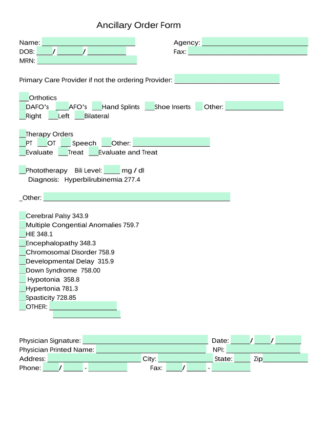 Ancillary Order Form screenshot