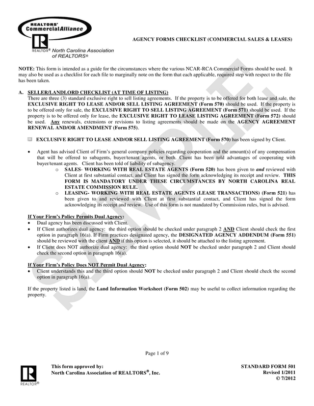 Agency Forms Checklist (Commercial Sales  Leases) screenshot