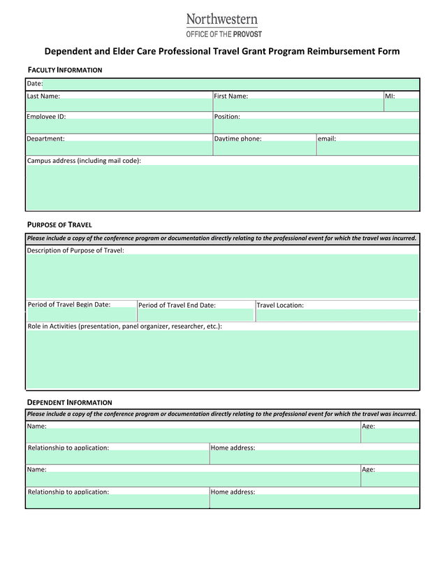 Dependent And Elder Care Professional Travel Grant Program Reimbursement Form screenshot