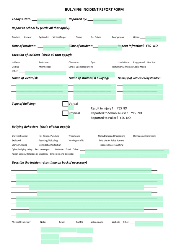 Bullying Incident Report Form screenshot