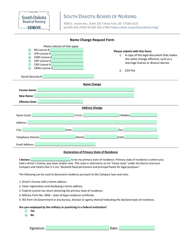 Name Change Request Form screenshot