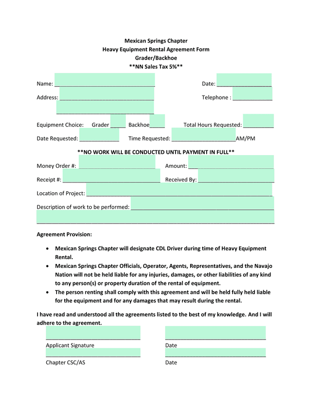 Mexican Springs Chapter Heavy Equipment Rental Agreement Form screenshot