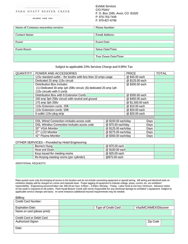 Exhibit Services Order Form screenshot