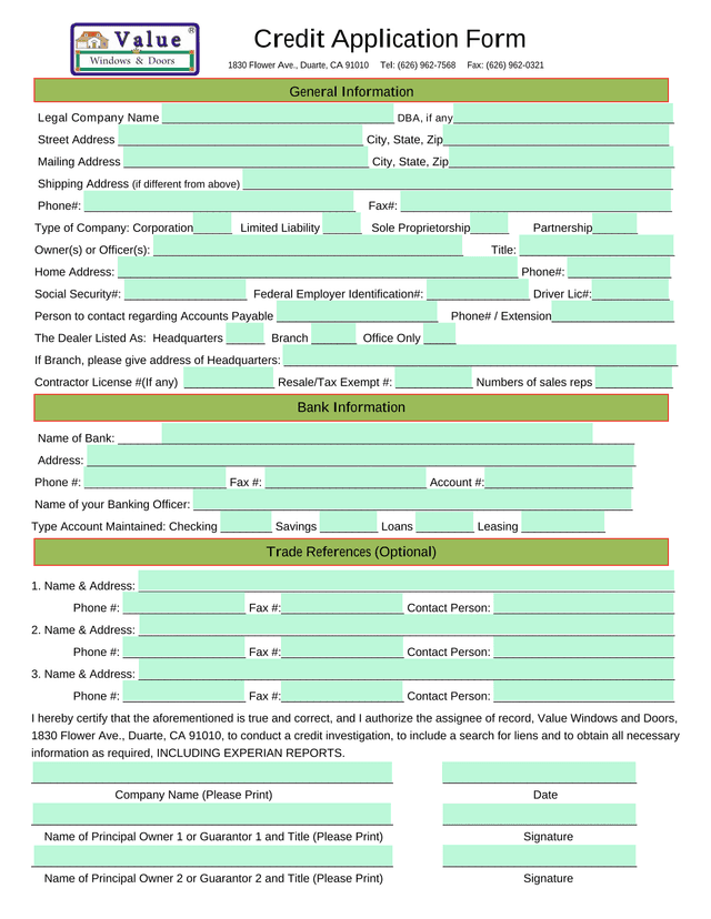 Credit Application Form screenshot