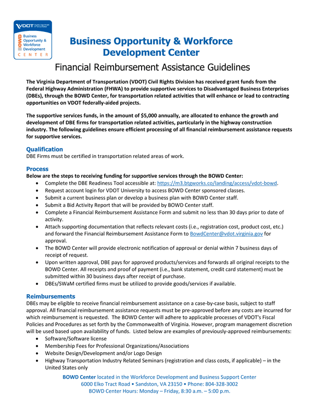 Financial Reimbursement Assistance Guidelines screenshot