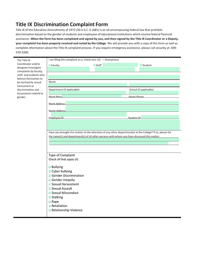 Title IX Discrimination Complaint Form screenshot