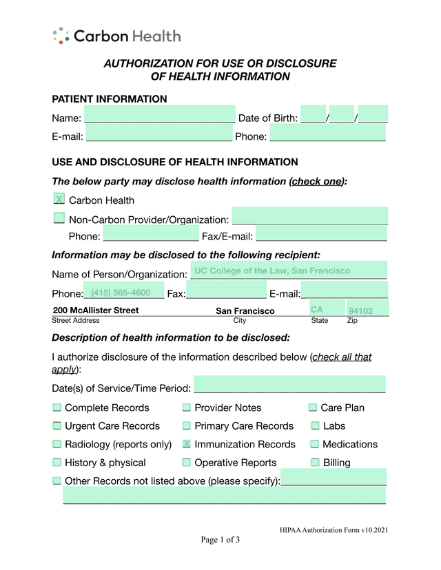 Authorization For Use Or Disclosure Of Health Information screenshot