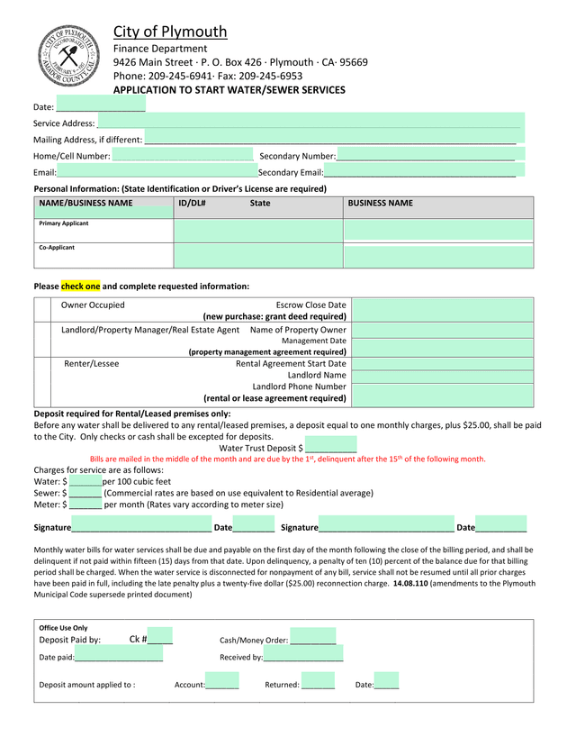 APPLICATION TO START WATERSEWER SERVICES screenshot