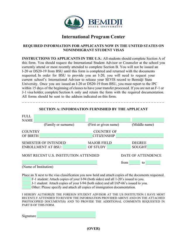 Nonimmigrant Student Visa Information Form screenshot