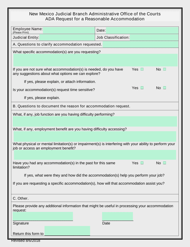 ADA Request For A Reasonable Accommodation screenshot