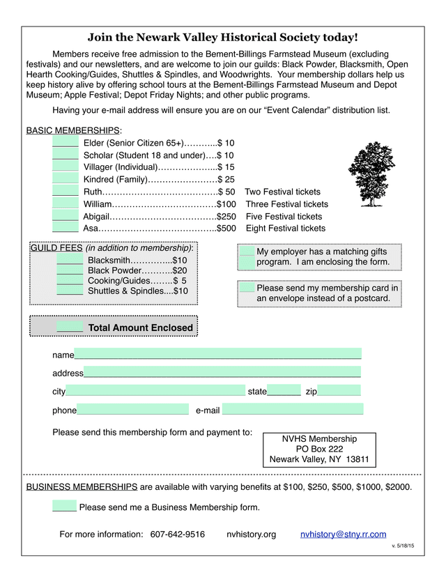 Newark Valley Historical Society Membership Form screenshot
