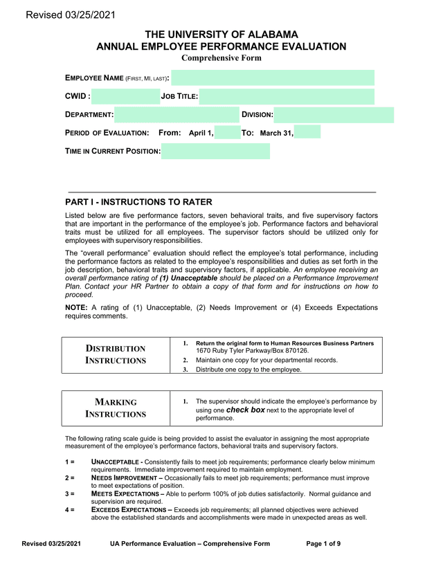 UA Performance Evaluation  Comprehensive Form screenshot
