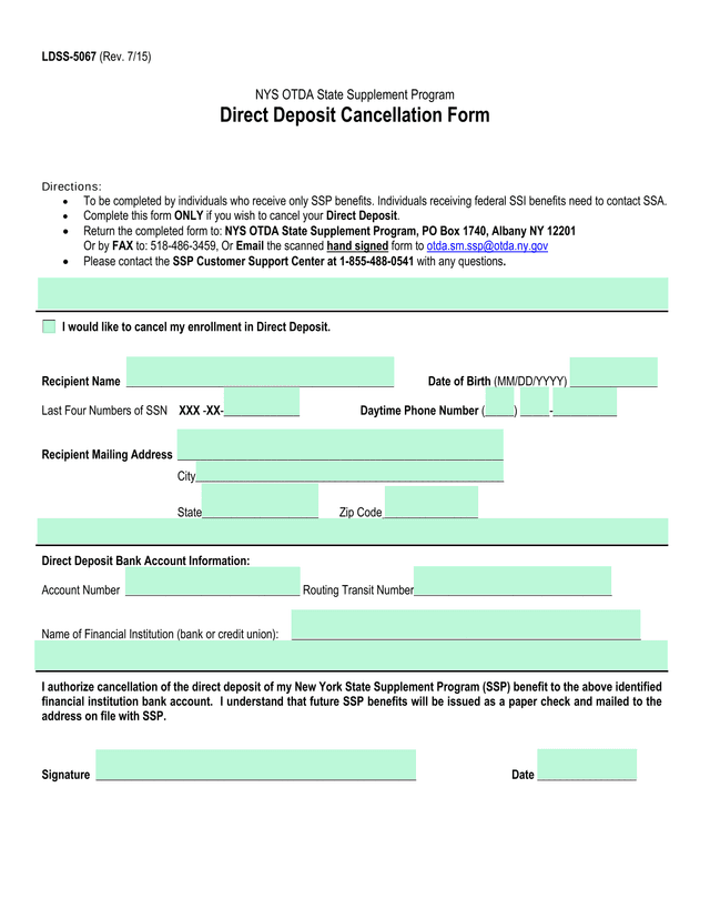 LDSS 5067 NYS OTDA State Supplement Program Direct Deposit Cancellation Form screenshot