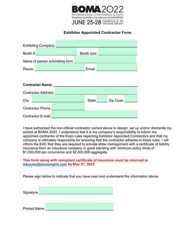 Exhibitor Appointed Contractor Form screenshot