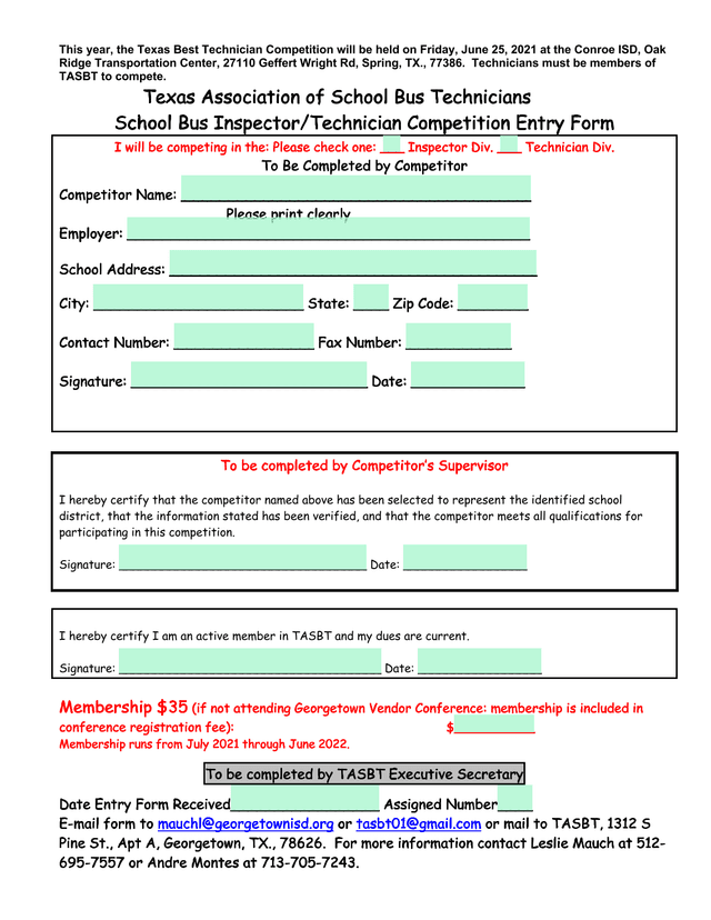 School Bus InspectorTechnician Competition Entry Form screenshot