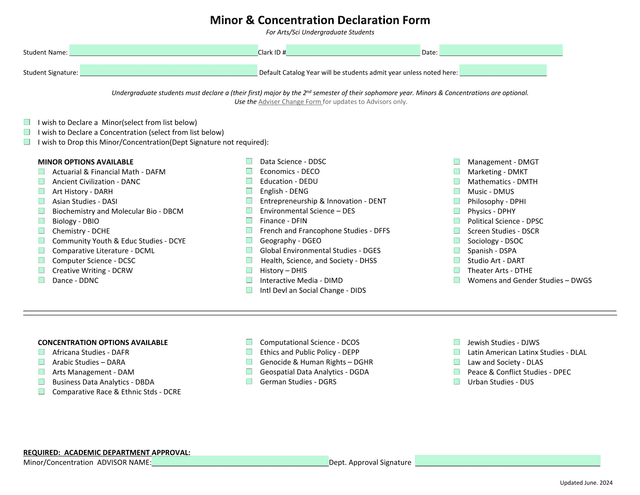 Minor  Concentration Declaration Form screenshot