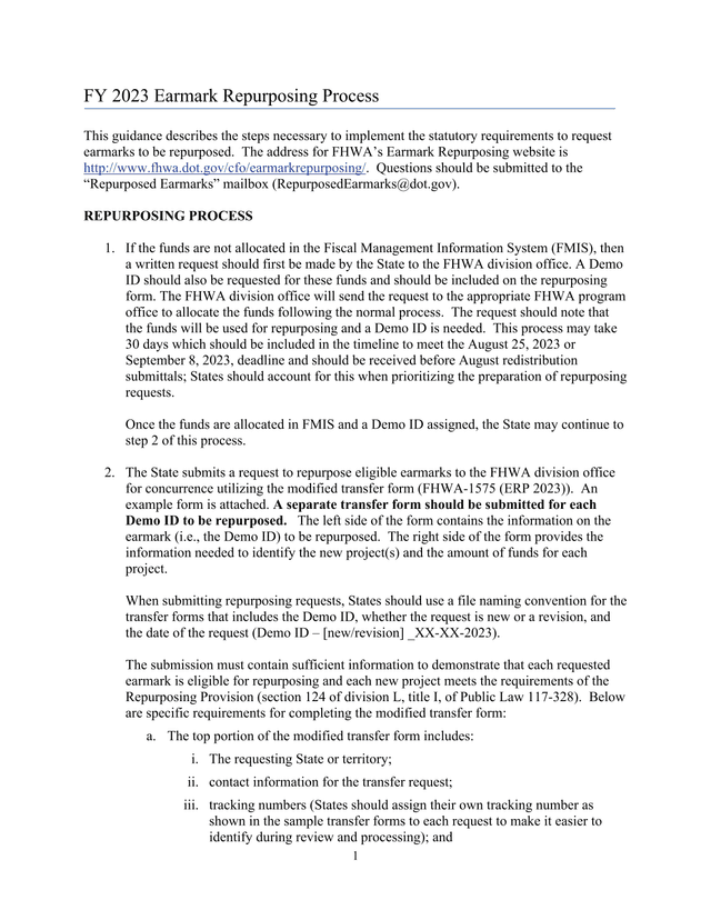 FY 2023 Earmark Repurposing Process screenshot