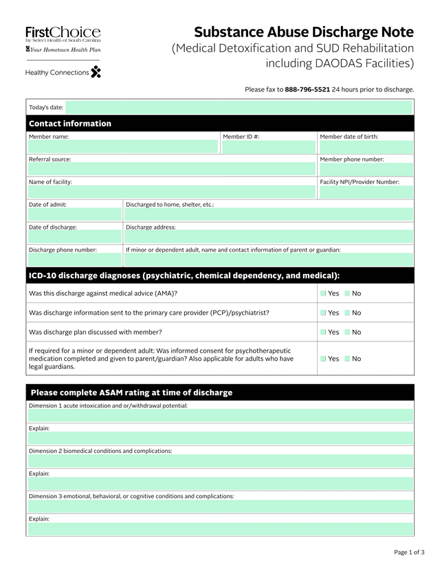 Substance Abuse Discharge Note screenshot