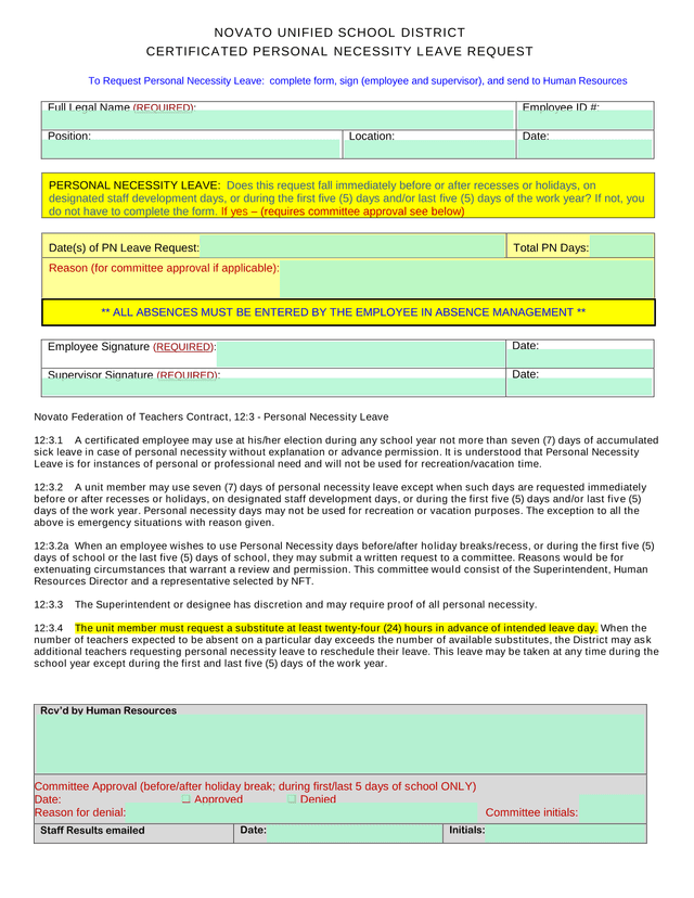Certificated Personal Necessity Leave Request screenshot