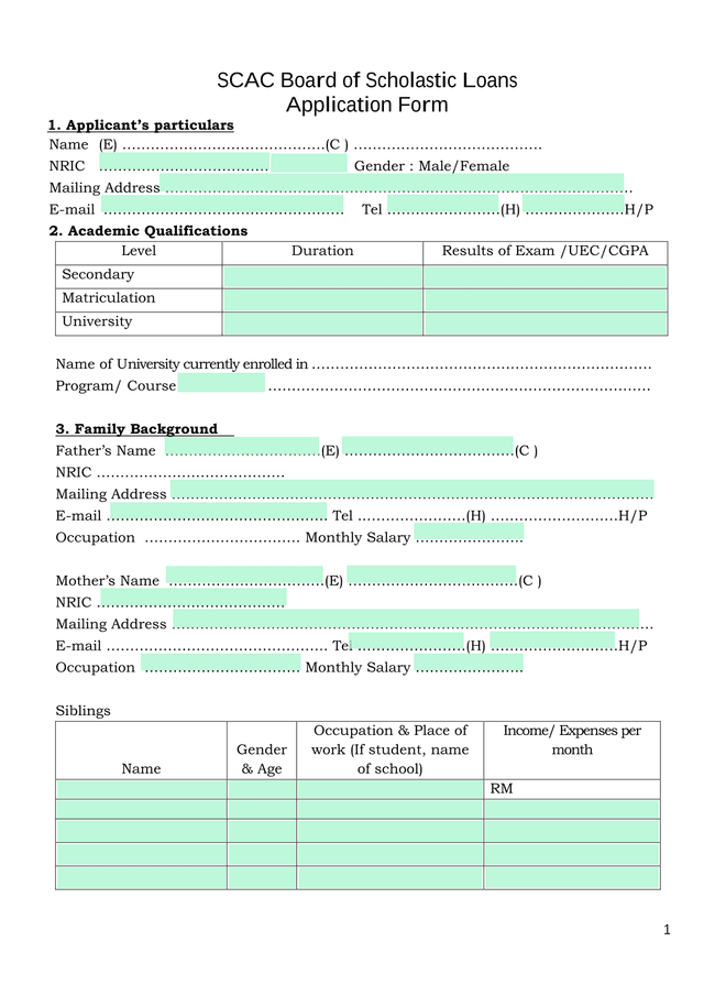 SCAC Board Of Scholastic Loans Application Form screenshot