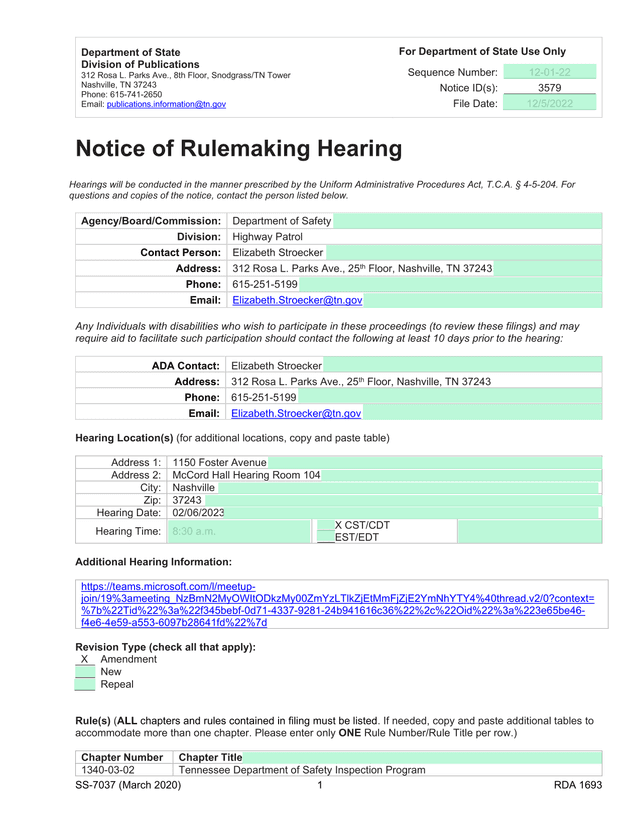Notice Of Rulemaking Hearing screenshot