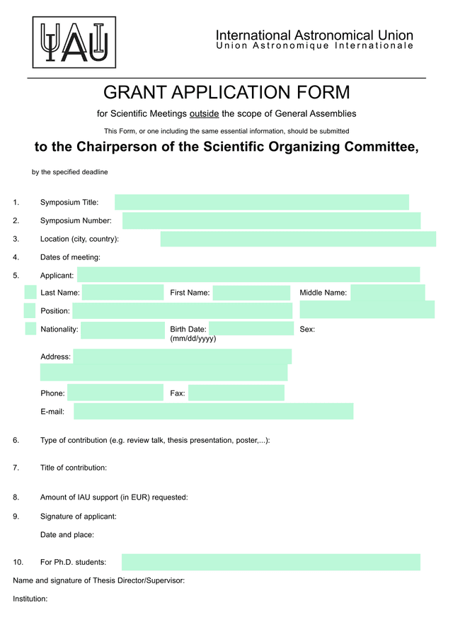 IAU Grant Application Form For Scientific Meetings screenshot