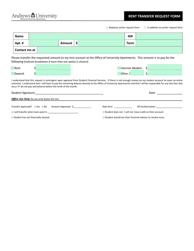 RENT TRANSFER REQUEST FORM screenshot